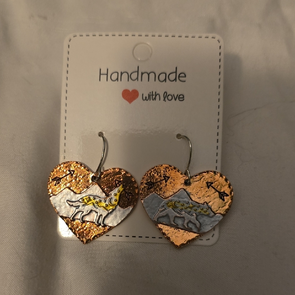 Handmade Heart Earrings with Animal Design - Copper and Silver